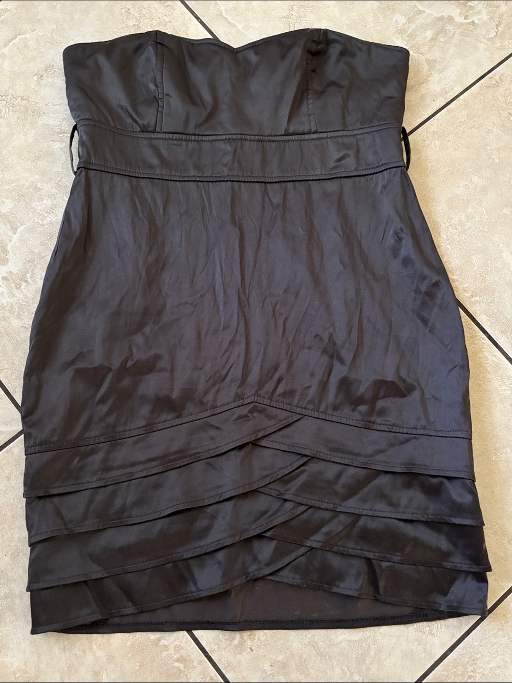 Vintage 2010 Black Strapless Satin Dress With Tiered Petal Skirt - Size L
